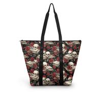 HJOSWVNS Tote Bag Rosa Cráneo Gris Bolsa Playa Poliéster Bolsas de Tela Reutilizable Bolsas de Viaje Plegable Bolso Playa Cremallera Bolsos de Mano Mujer Bolso Viaje 38x56cm/1 Pcs