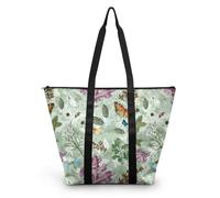 HJOSWVNS Tote Bag Tela Mariposa Hojas Verdes Bolsas de Tela Poliéster Bolso de Mano de Mujer Reutilizable Bolsa Compra Plegable Tote Bag Cremallera Bolso Viaje Duradero Totebag 38x56cm/2 Pcs
