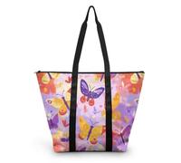 HJOSWVNS Tote Bag Tela Mariposa Naranja Púrpura Bolsas de Tela Poliéster Bolso de Mano de Mujer Reutilizable Bolsa Compra Plegable Tote Bag Cremallera Bolso Viaje Duradero Totebag 38x56cm/2 Pcs