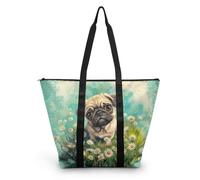 HJOSWVNS Tote Bag Tela Perro Verde Bolsas de Tela Poliéster Bolso de Mano de Mujer Reutilizable Bolsa Compra Plegable Tote Bag Cremallera Bolso Viaje Duradero Totebag 38x56cm/1 Pcs