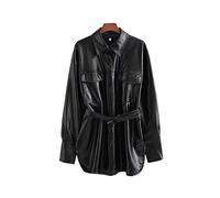 HJUGHPN Abrigos de invierno para mujer, abrigo largo de poliuretano, chaquetas de calle con cinturones, color negro, liso, clásico, a la moda (talla L de EE. UU.)