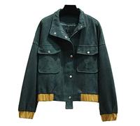HJUGHPN Abrigos para mujer, chaqueta corta de ante de gran tamaño, para otoño, bolsillos, cremallera, botón, manga larga, abrigo para mujer, verde, negro, chaqueta casual para mujer (verde, talla XL