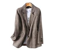 HJUGHPN Abrigos para mujer, vintage, de un solo botonadura, para oficina, a cuadros, de manga larga, holgados, a cuadros, para mujer (L)