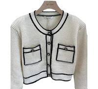 HJUGHPN Cárdigan corto para mujer, estilo blanco y negro, para primavera, vintage, de manga larga, elegante, cuello redondo, tops de punto (blanco, L)
