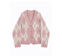 HJUGHPN Cárdigan de punto a cuadros para mujer, suéter de punto para otoño e invierno, manga larga, a la moda, casual, de gran tamaño, suelto, color rosa