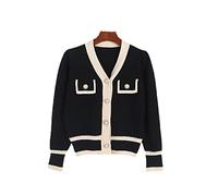 HJUGHPN Cárdigan de punto de manga larga para mujer, de tweed, color contrastante, para otoño, francés, cuello en V, perla, suelto, corto, suéter (Schwarz)