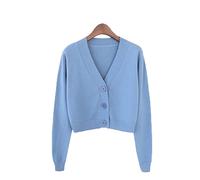 HJUGHPN Cárdigan de punto para mujer, cárdigan corto para otoño, casual, cuello en V, manga larga, botonadura simple (azul)