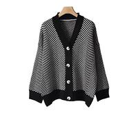 HJUGHPN Cárdigan de punto para mujer, cuello en V, con un solo botonadura, a rayas, holgado, cárdigan corto de manga larga (Schwarz)