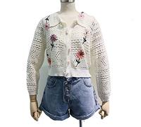 HJUGHPN Cárdigan de punto para mujer, diseño de flores dulces, para otoño, primavera, bordado, a la moda, suéter de punto hueco