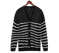 HJUGHPN Cárdigan de punto suelto a rayas para mujer para otoño e invierno, cárdigan de gran tamaño, cárdigan blanco, suéter de punto (XL)