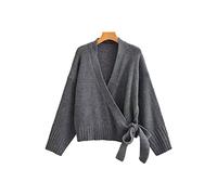 HJUGHPN Cárdigan para mujer, casual, corto, grande, cuello en V, solapa diagonal, cárdigan de manga larga, suéter de punto para mujer (gris, M)