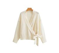 HJUGHPN Cárdigan para mujer, casual, corto, grande, cuello en V, solapa diagonal, cárdigan de manga larga, suéter de punto para mujer (blanco, S)