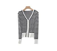 HJUGHPN Cárdigan para mujer con cuello en V y solapa con cremallera, suéter de punto a rayas, casual, manga larga, suéter suelto (Schwarz, M)
