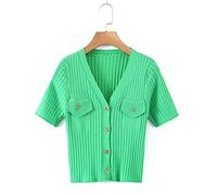 HJUGHPN Cárdigan para mujer, cuello en V, de manga corta, de un solo botonadura, para verano, informal, color liso, cárdigan de punto