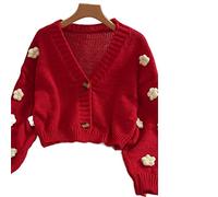 HJUGHPN Cárdigan para mujer, suéter corto de punto con doble botón, cuello bajo, manga larga, color rojo