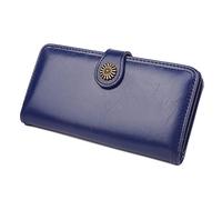 HJUGHPN Carteras de cuero encerado para mujer, carteras largas con ranura para múltiples tarjetas, billeteras largas para mujer, con hebilla retro de lujo, tarjetero de dos pliegues (azul)