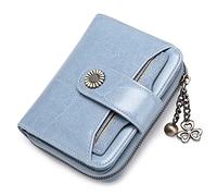 HJUGHPN Carteras de piel auténtica para mujer, carteras cortas de cuero vacuno con cremallera y cadena, monedero pequeño, monedero para mujer, Blue, Talla única