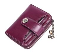 HJUGHPN Carteras de piel auténtica para mujer, carteras cortas de cuero vacuno con cremallera y cadena, monedero pequeño, monedero para mujer, rojo vino, Talla única