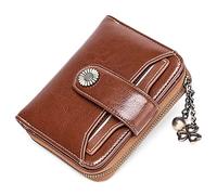 HJUGHPN Carteras de piel auténtica para mujer, carteras cortas de cuero vacuno con cremallera y cadena, monedero pequeño, monedero para mujer, Brown, Talla única