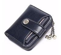 HJUGHPN Carteras de piel auténtica para mujer, carteras cortas de cuero vacuno con cremallera y cadena, monedero pequeño, monedero para mujer, azul oscuro, Talla única