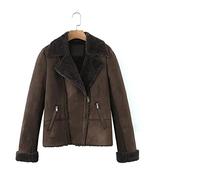 HJUGHPN Chaqueta para mujer de piel sintética para otoño e invierno, con retazos de piel, cuello abatible, casual, cremallera, color café (S)