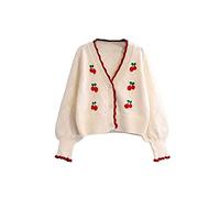HJUGHPN Suéter corto de punto para mujer, con bordado de cereza, para verano, manga larga, cuello en V, casual, estilo dulce, ombliguera