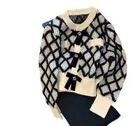 HJUGHPN Suéter de mujer cárdigan de mujer suéter de diamantes a cuadros primavera y otoño chaqueta corta de punto cuello redondo elegante lazo cierre de botón