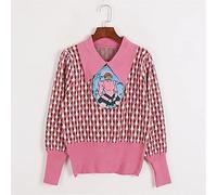 HJUGHPN Suéter de mujer de otoño e invierno con solapa de diamante de cintura alta, bordado de gato, princesa, rosa, morado, suéter de manga larga