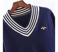 HJUGHPN Suéter de mujer europeo primavera otoño mujer abeja bordado suéter elegante cuello en V punto suelto rayas manga larga suéter (Schwarz, L)