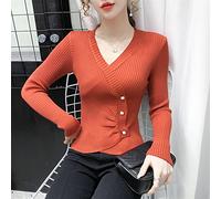 HJUGHPN Suéter de otoño para mujer, suéter de manga larga con cuello en V, botones cruzados, suéter corto de punto (naranja)