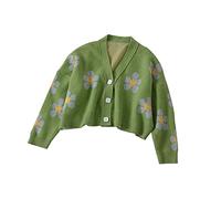 HJUGHPN Suéter de punto de flores para mujer, suéter de punto para mujer, cuello en V, holgado, elegante, grueso, estampado femenino, abrigo corto casual