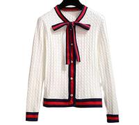 HJUGHPN Suéter de punto grueso para mujer, suéter de punto grueso, pajarita, botón de perlas, cuello redondo, abrigo de otoño e invierno, abrigo de rayas para mujer