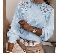 HJUGHPN Suéter de punto hueco con bordado de encaje para mujer, casual, manga larga, color liso, cuello redondo, suéter suelto (L)