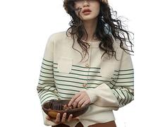 HJUGHPN Suéter de punto para mujer, a rayas, simple, para primavera y otoño, cuello redondo, bolsillo, suéter de punto dulce casual