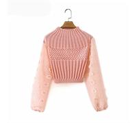 HJUGHPN Suéter de punto para mujer, con apliques de gasa, manga farol, manga corta, suéter de punto elegante para mujer