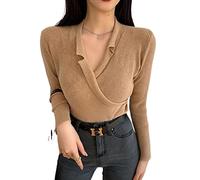 HJUGHPN Suéter de punto para mujer, cuello en V cruzado, manga larga