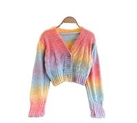 HJUGHPN Suéter de punto para mujer, para otoño e invierno, suave, cortavientos, corto, a rayas, arcoíris, a juego