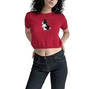 HJUGHPN Suéter de punto para mujer, para primavera y verano, con bordado de conejo, cuello redondo, manga corta, sexy, abierto
