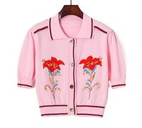 HJUGHPN Suéter de verano para mujer, cárdigan recortado, top para mujer, suéter recortado, camisa con cuentas, bordado, solapa, botón, camisa, cárdigan fino (L)