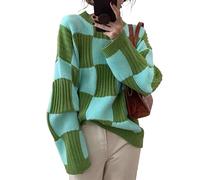 HJUGHPN Suéter grueso para mujer, suéter de punto para mujer, ropa de otoño e invierno, ajedrez, suelto, manga larga, suéter de punto de una sola pieza para mujer