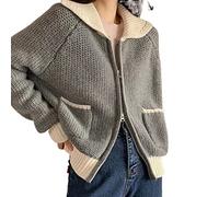 HJUGHPN Suéter para mujer, cárdigan de otoño e invierno para mujer, con solapa de contraste de color, elegante, suéter de doble cremallera con bolsillo