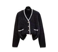 HJUGHPN Suéter para mujer, cárdigan para otoño e invierno, cuello en V, perla, pecho único, holgado, manga corta, grueso, suéter de punto dulce de manga larga