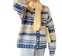 HJUGHPN Suéter para mujer, con botones, cuello redondo, rayas azules, manga larga, informal, holgado, abrigo para mujer