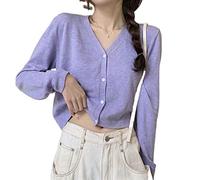HJUGHPN Suéter para mujer con cuello en V, sólido y elástico, manga larga, para tejer, con protección solar