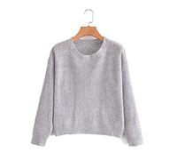 HJUGHPN Suéter para mujer, cuello redondo, suelto, de manga larga, para otoño, color liso, corto, de punto, informal, a la moda