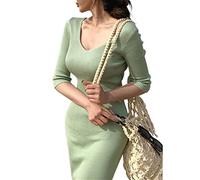 HJUGHPN Suéter para mujer de verano y otoño, vestido de mujer con cuello en V, de punto, cintura alta, elástico, sexy, largo