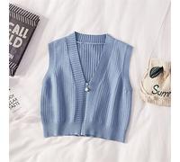HJUGHPN Suéter para mujer, suéter con cremallera, sin mangas, de punto, para primavera, otoño, cuello en V, cárdigan corto (azul, S)