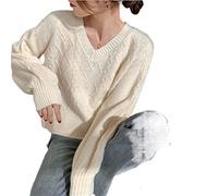 HJUGHPN Suéter para mujer, suéter suelto para estudiantes de principios de otoño, cuello en V, suéter corto de punto, suéter de punto para mujer