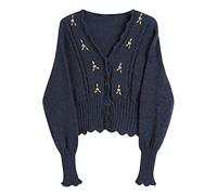 HJUGHPN Suéter para mujer y mujer, cárdigan de punto con cuello en V, bordado de flores, manga larga, botonadura simple, botones sólidos (azul)