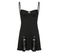 HJUGHPN Vestido corto negro para mujer, lindo vestido de niña dulce con ribete de encaje, vestidos sin mangas con lazo, ropa gótica estética